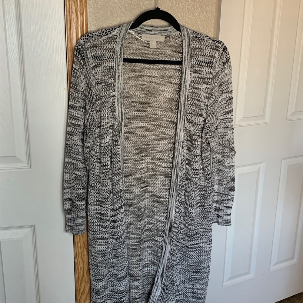 LAURA ASHLEY Black, White & Gray Open Front Long Cardigan Duster